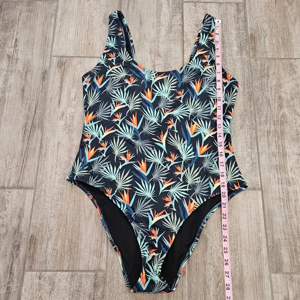 MeUndies Tropical Palms One Piece Swimsuit‎ Womens XL Bird of Paradise Navy